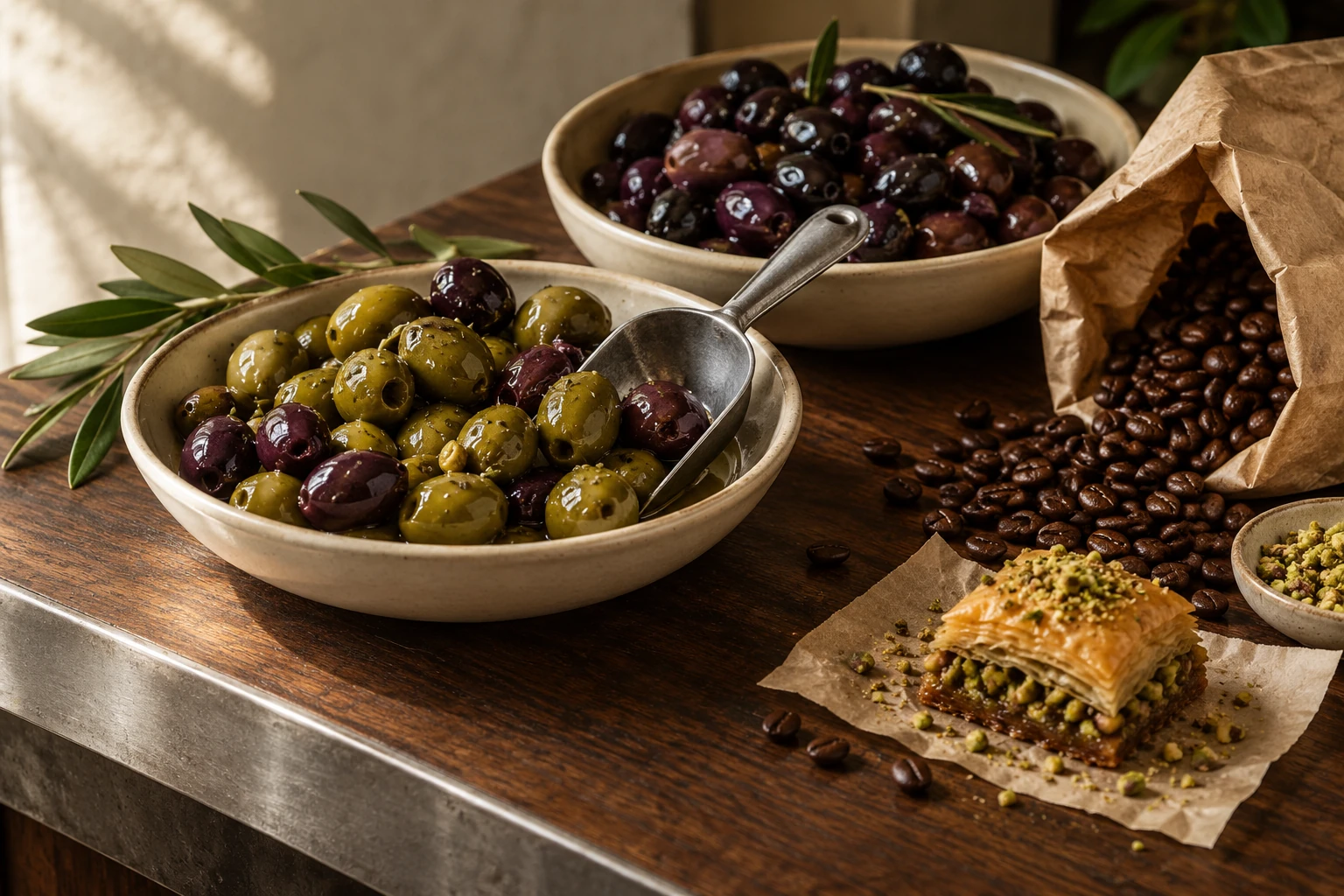 Illustrative still life of coffee, olives, pantry jars and pastries in a warm market setting; not an exact Carmel Grocery storefront or inventory photograph.